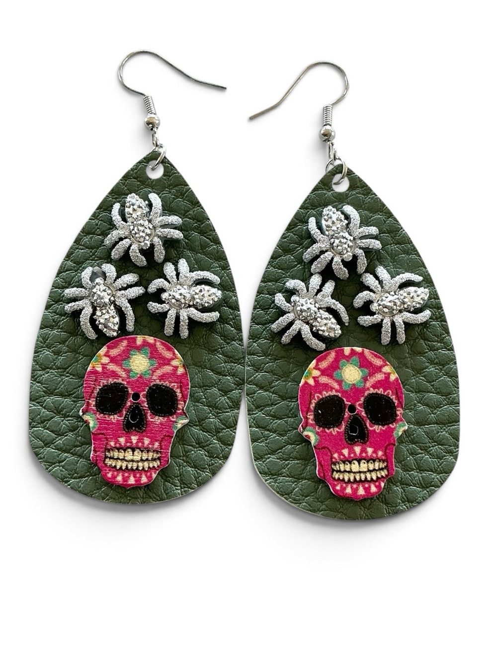 🆕 3D Sugar Skulls and Spiders Faux Leather Dangle Earrings